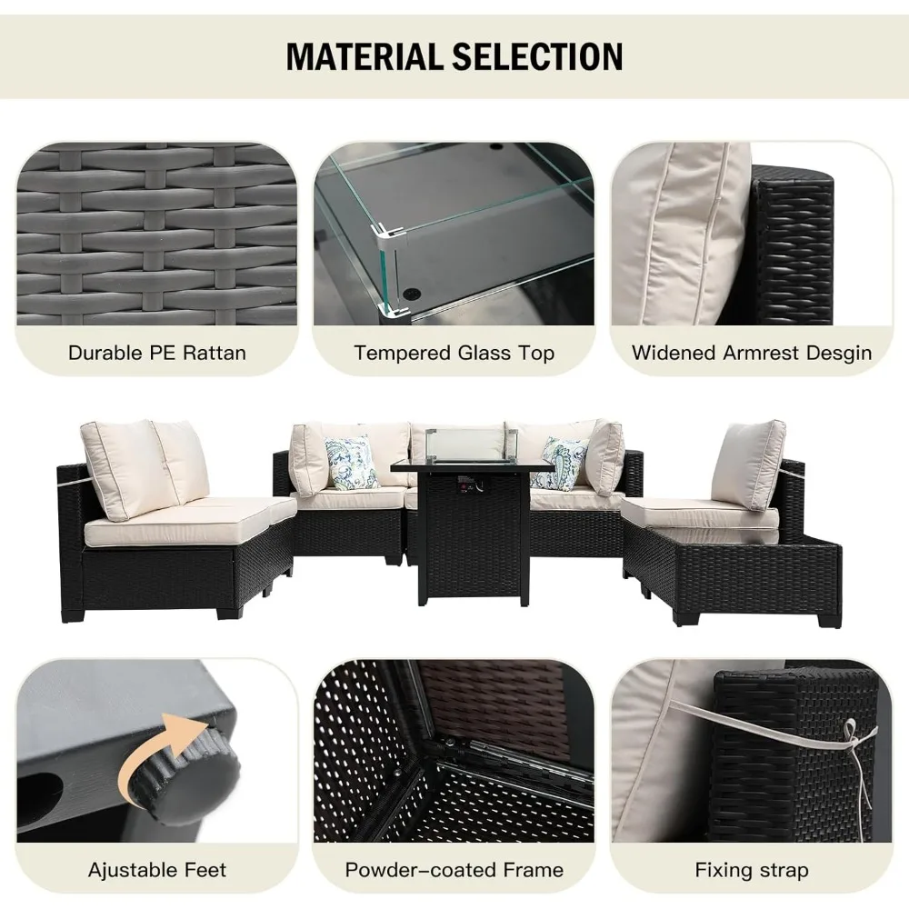 Outdoor Furniture Set With Fire Pit - 8피스 파티오 가구 라탄 위커 야외