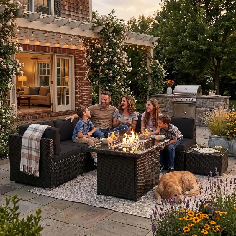 Outdoor Furniture Set With Fire Pit - 8피스 파티오 위커 섹셔널 소파 세트(44인치