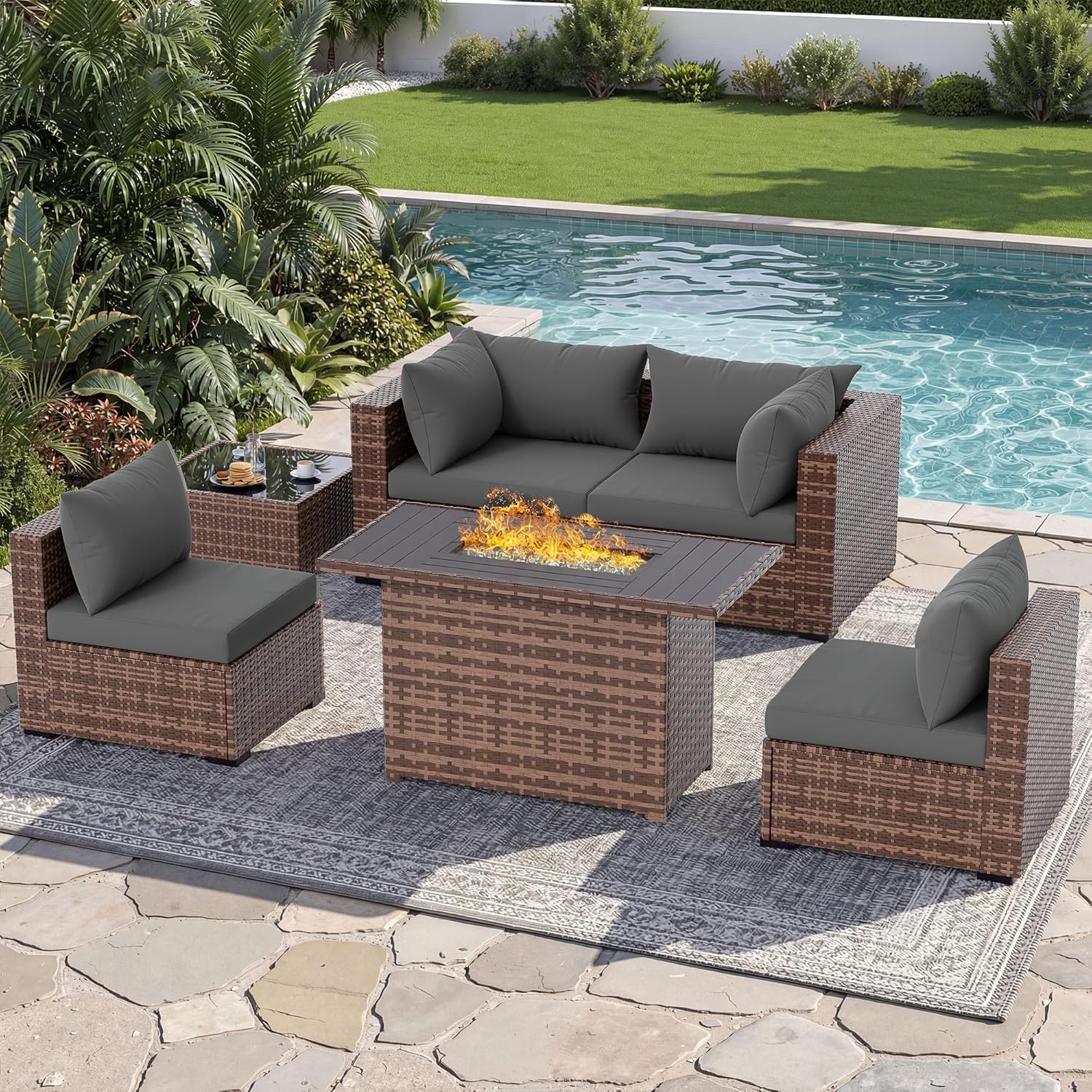 Outdoor Furniture Set With Fire Pit - 5피스 야외 섹셔널 소파 세트(화덕 테이블