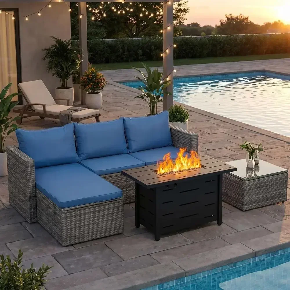 Outdoor Furniture Set With Fire Pit - 4피스 야외용 위커 파티오 가구 세트,
