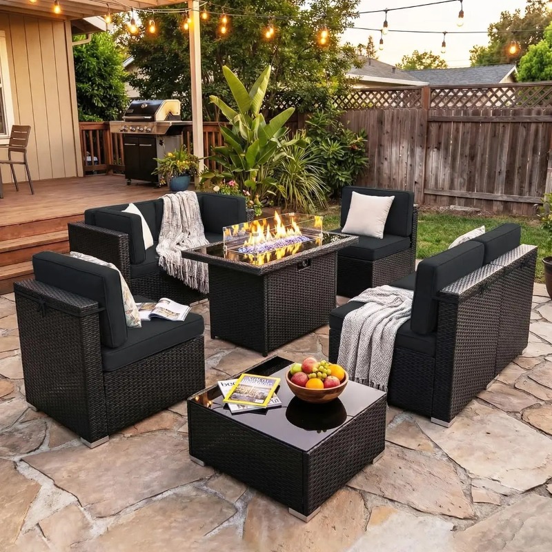8피스 파티오 위커 섹셔널 소파 세트(44인치 프로판  - Outdoor Furniture Set With Fire Pit 리뷰 및 가격